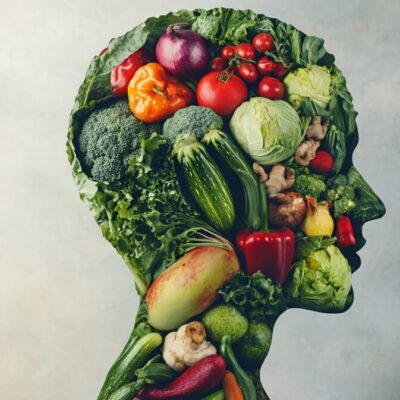 Obraz sylwetki głowy z warzyw symbolizuje profilaktykę zdrowia mózgu poprzez zdrową dietę.