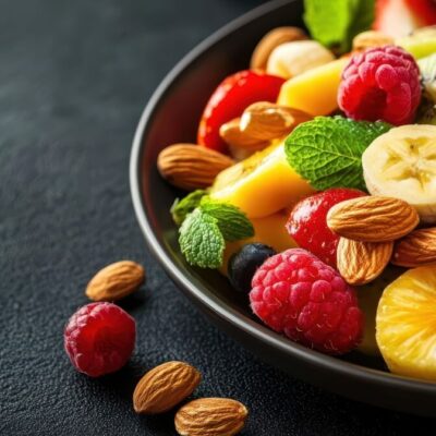 Sałatka owocowa z orzechami jako przykład na dietę wspierającą zdrowie psychiczne.