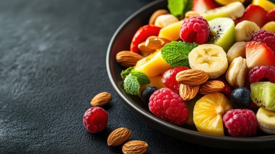 Sałatka owocowa z orzechami jako przykład na dietę wspierającą zdrowie psychiczne.